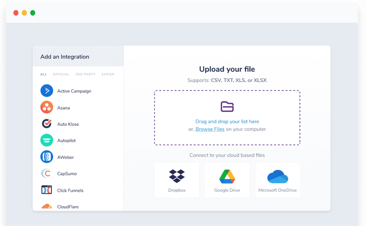 The ZeroBounce email verification file upload screen.