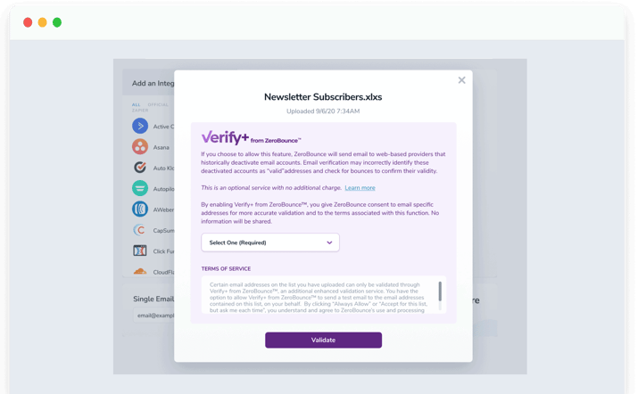 ZeroBounce’s consent pop-up that allows users to opt-in to the Verify+ from ZeroBounce email verification service.