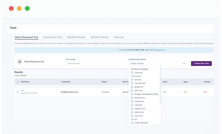 The starting screen for the ZeroBounce Inbox Placement Test tool.