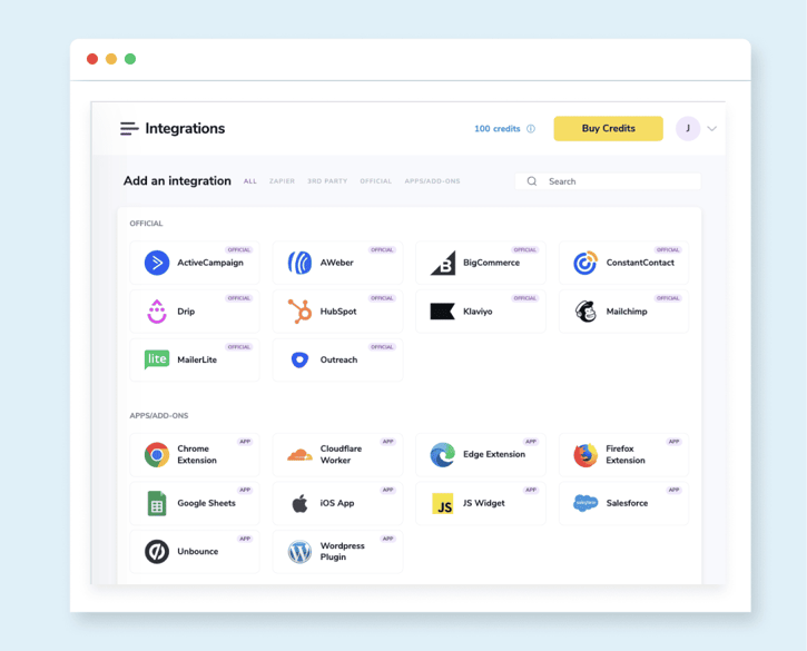 The ZeroBounce integration dashboard, which shows official integrations like Outreach.