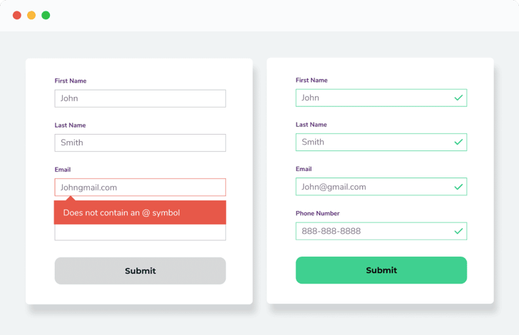 Two signup forms side-by-side: one contains an invalid email address notification, while the form on the right contains all valid data.