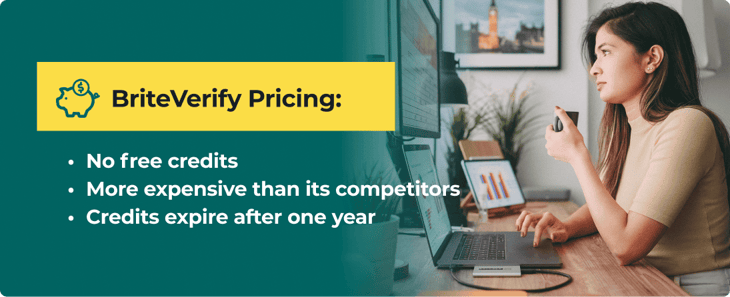 An infographic with the title ‘BriteVerify Pricing’: no free credits, more expensive than its competitors, and credits expire after one year. A woman talks into her phone while in front of her laptop next to the text.