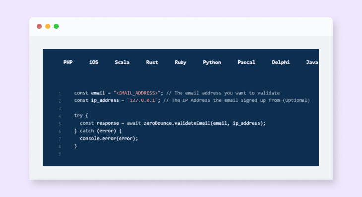 Sample script for ZeroBounce’s single email validation API using JavaScript