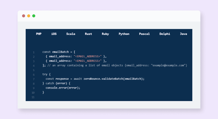 Sample script for ZeroBounce’s batch email validation API using JavaScript
