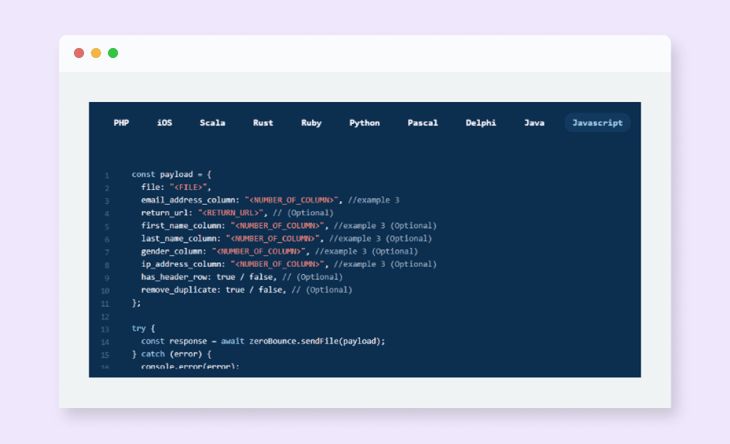 Ejemplo de script para la API de carga masiva de archivos de ZeroBounce con JavaScript