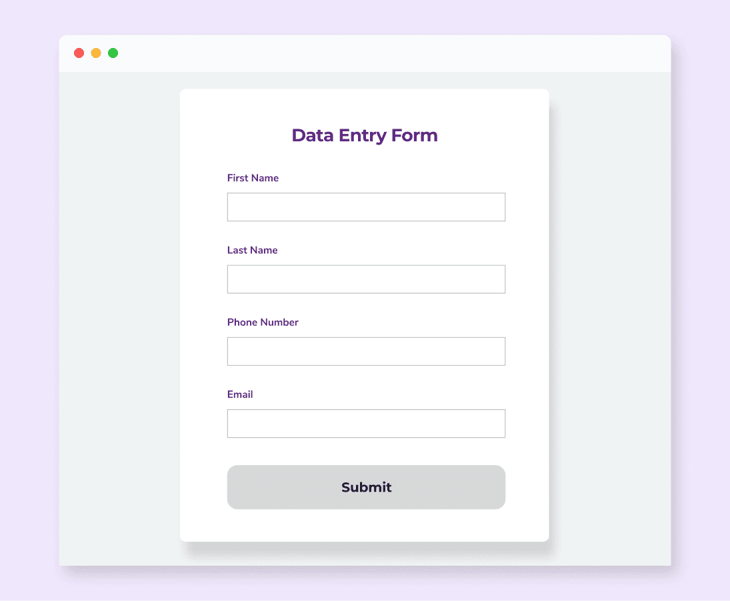 A data entry form with fields for first and last name, phone number, and email address