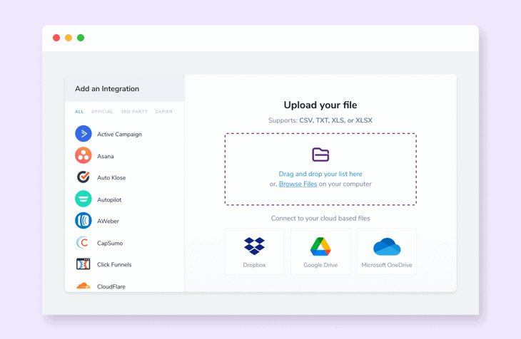 The ZeroBounce bulk email validation page, which includes file uploads, cloud connection, and the list of supported integrations