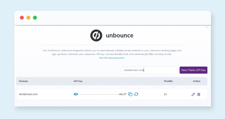 Captura de pantalla de cómo generar una nueva clave de API para la integración de Unbounce de ZeroBounce