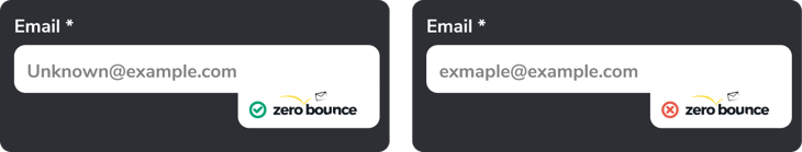 Dos campos de correo electrónico, uno con validación de correo electrónico de ZeroBounce y otro, sin validación