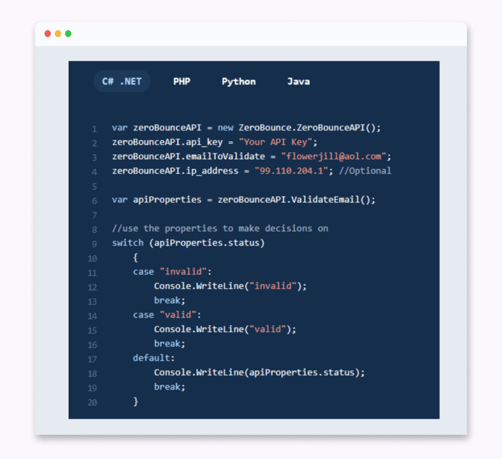 ejemplo de código en C# para la API de validación de correo electrónico de ZeroBounce