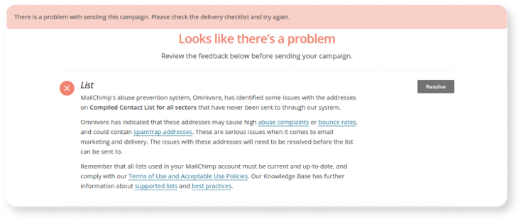 Screenshot of Mailchimp Omnivore warning showing how a sender can be blocked from sending emails due to email list quality issues.