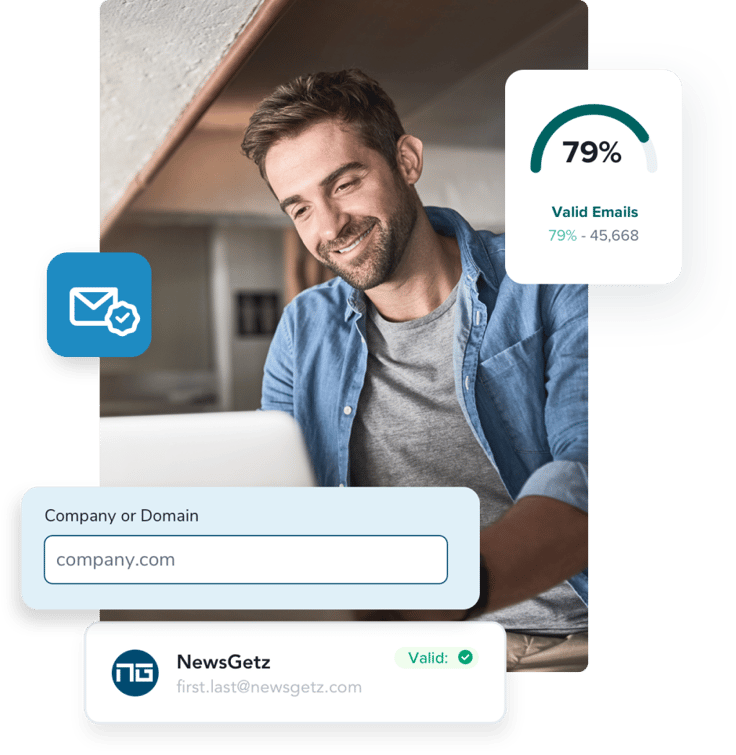 Man at home looking down at his laptop, surrounded by a valid email logo, valid email lookup for the business NewsGetz, and an email verifier report