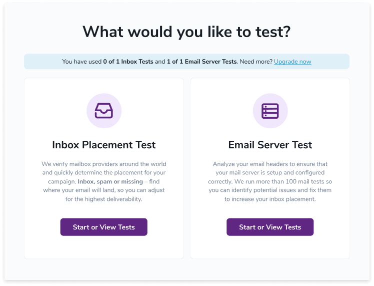 The ZeroBounce user dashboard featuring the inbox placement test and email server test