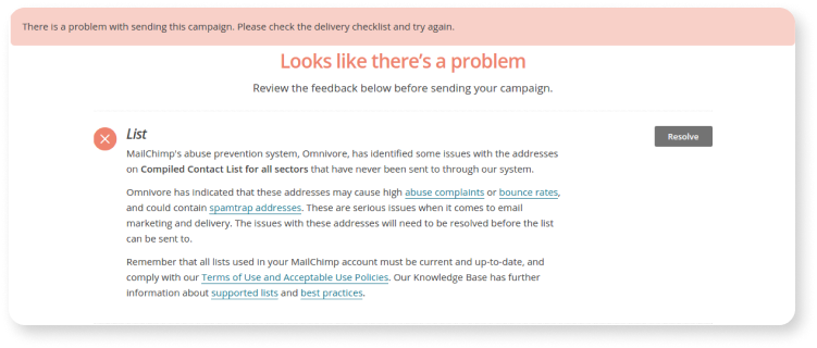 Advertencia de Omnivore de Mailchimp que describe problemas con una campaña de correo electrónico