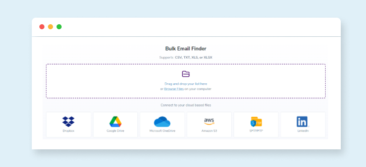 The ZeroBounce Bulk Email Finder upload screen