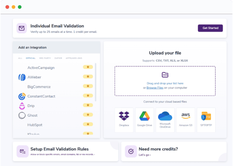 The ZeroBounce email validation menu that includes an integration menu, file upload screen, and a 'Get Started' button for individual email validation.