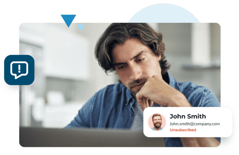 A man with shaggy hair and a blue denim shirt looks concerned as he sees his contact 'John Smith' has unsubscribed from his mailing list.