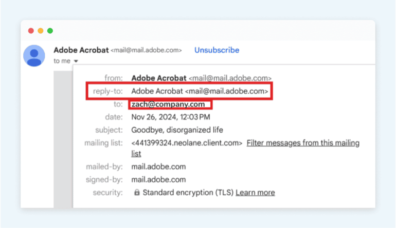 An example email from Adobe Acrobat which shows the header details, including a highlight over the reply-to and to fields.