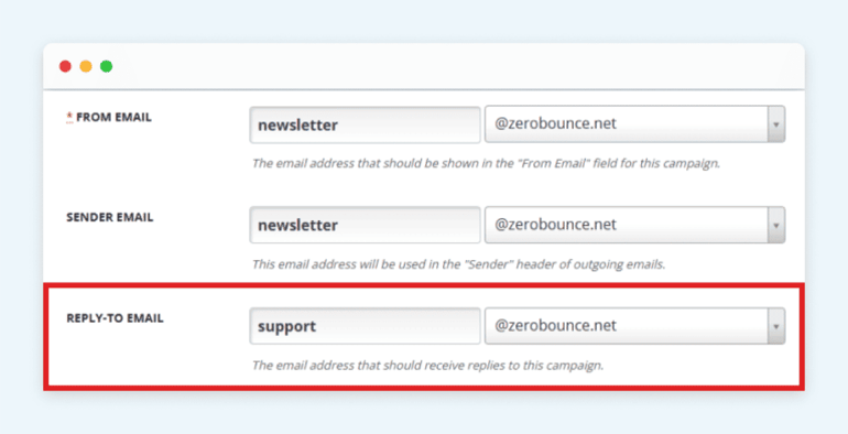 An email service provider settings menu with a highlight over the field for the reply-to email address.