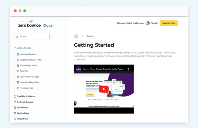 The Getting Started page for the ZeroBounce email deliverability platform.