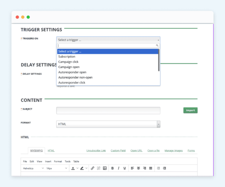 A menu showing how to create an autoresponder and the corresponding trigger with your email service provider.