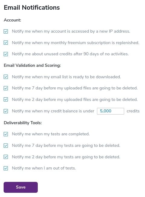 Notification settings of your ZeroBounce Account for getting alerts regarding email list validation results deletion