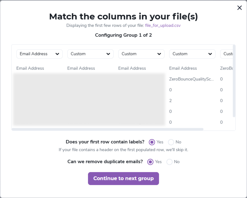 Matching the columns for group 1