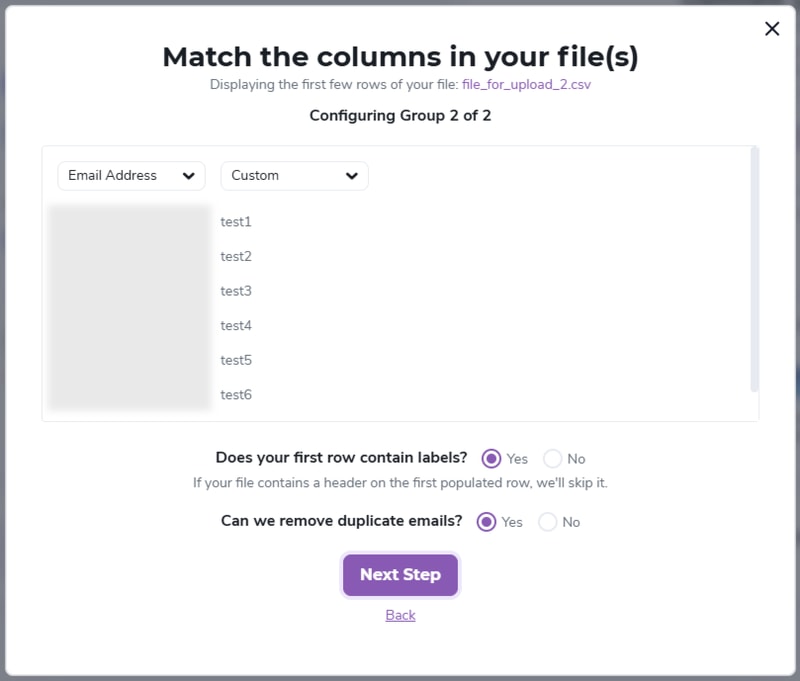 Matching the columns for group 2