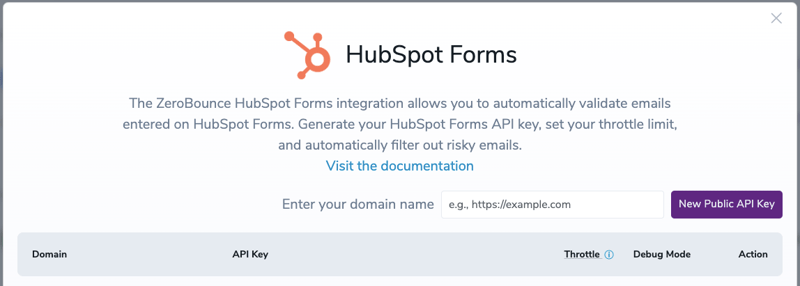 La integración de HubSpot de ZeroBounce con el botón "Nueva clave de API pública" junto a un campo con el texto "http://my.website.com".