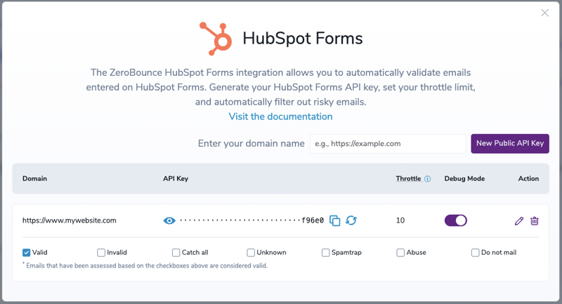 The ZeroBounce HubSpot integration menu with the domain ‘https://my.website.com,’ the API key ending in ‘f96e0’ and Throttle set to ‘10.’