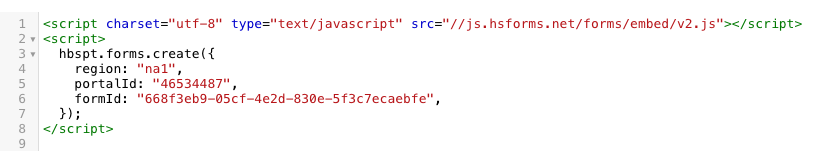 Un editor HTML/CSS de un sitio web con la secuencia de comandos HTML para un formulario de HubSpot.