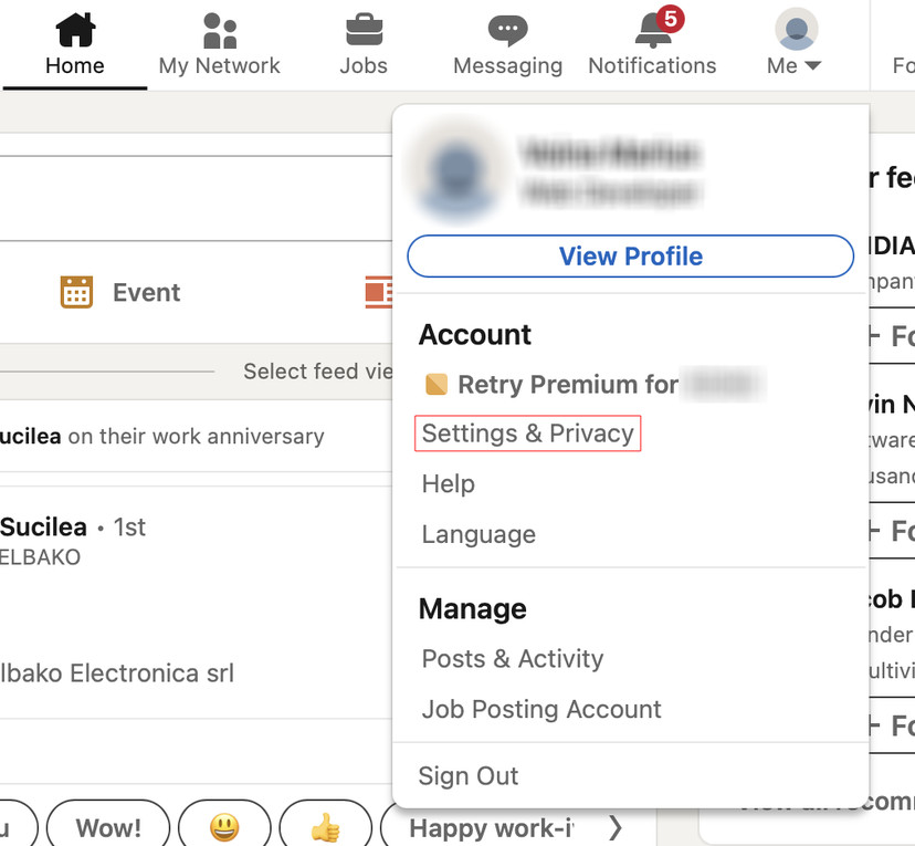 LinkedIn profile settings with "Settings & Privacy" highlighted