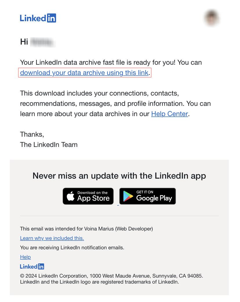 An email from LinkedIn that contains a link to download your account's data archive.