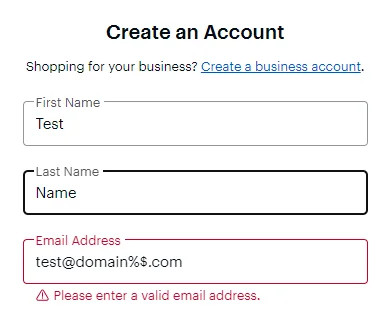 A website account registration form detecting an invalid email address
