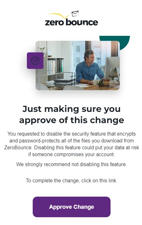 Email security notification from ZeroBounce asking you to confirm disabling password-protected downloads