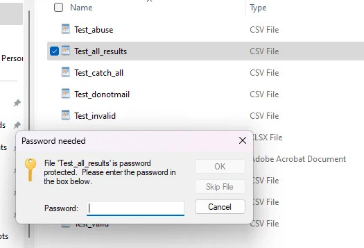 An email verification results file requesting the password needed to unzip the file