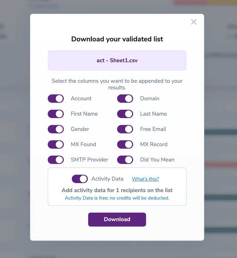 The email verification results download screen with the optional data you can select to append