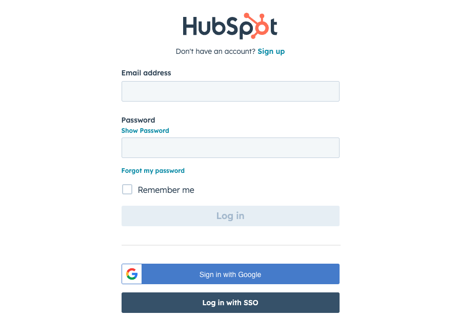 Página de inicio de sesión de HubSpot