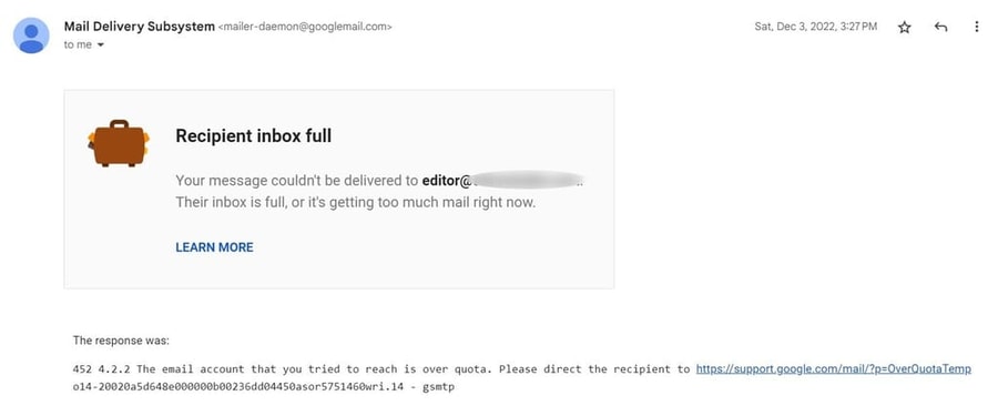 An error message from the Mail Delivery Subsystem indicating that the recipient inbox is full.