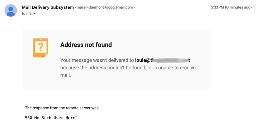 An error message from the Mail Delivery Subsystem that indicates that the email address was not found.