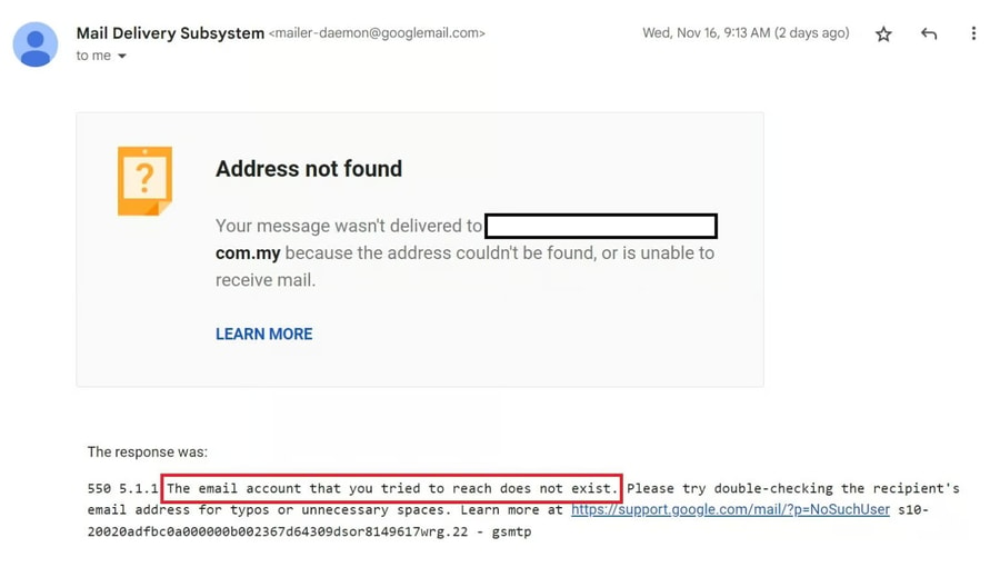 An error message from the Mail Delivery Subsystem with the ‘Address not found’ error alongside highlighted text that reads “The email account that you tried to reach does not exist.’