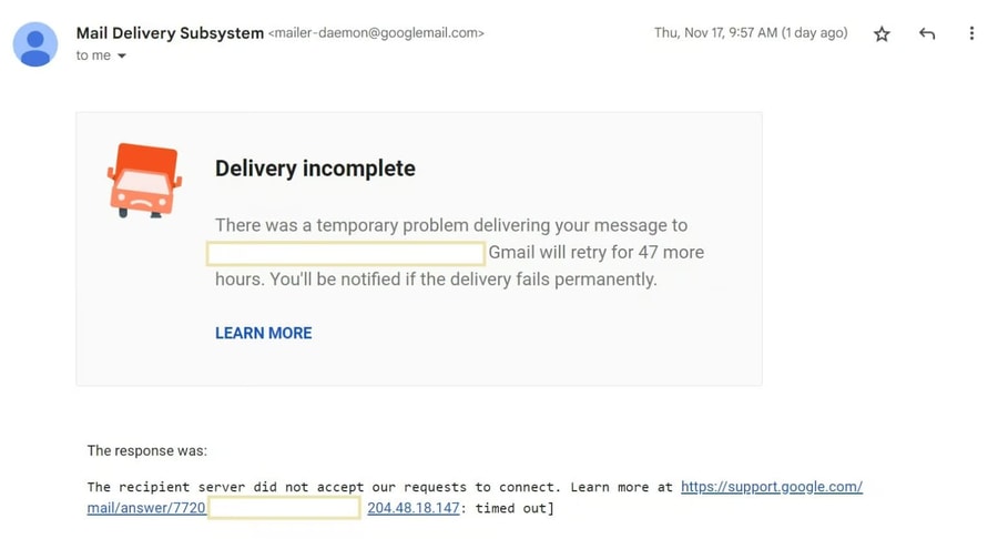 An error message from the Mail Delivery Subsystem that says ‘Delivery incomplete.’