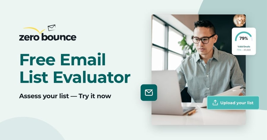 A man in a green shirt uses the ZeroBounce free email list evaluator to assess his list.