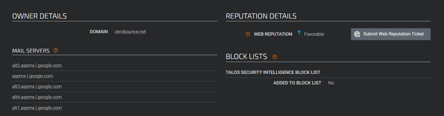 The Talos Intelligence free domain lookup tool, which shows results for zerobounce.net and all associated mail servers.