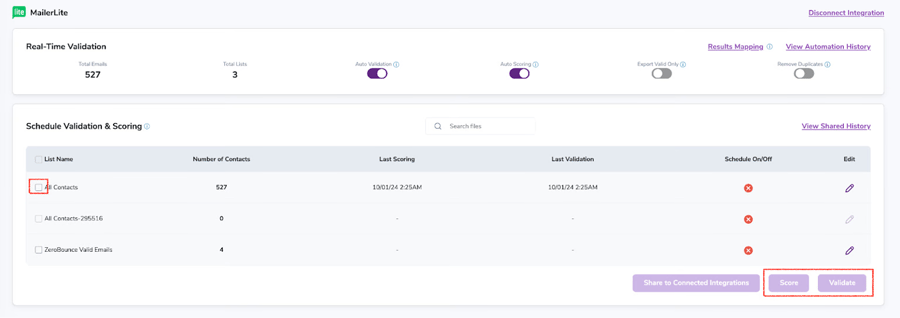 The ZeroBounce email verification menu for official integrations.