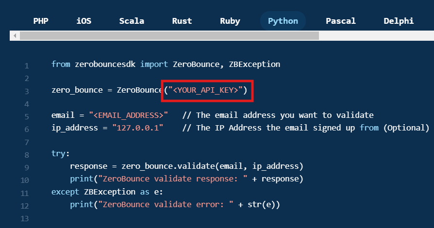 The ZeroBounce single email validation API with a red square that highlights where to place your API key.