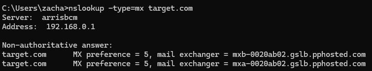 The Windows Command Prompt with results for nslookup - type=mx target.com.