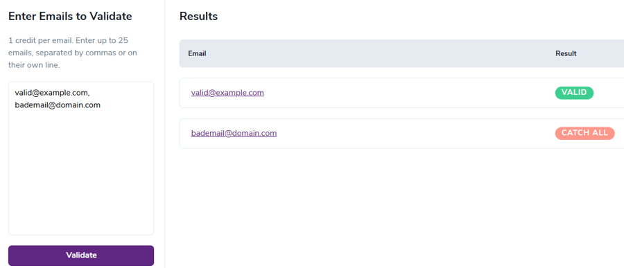 ZeroBounce’s single and batch email validator, which shows results for the emails ‘valid@example.com’ and ‘bademail@domain.com,’ which are valid and catch-all, respectively.