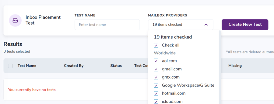 The ZeroBounce Inbox Placement Test menu with 19 mailbox providers selected, including AOL, Gmail, GMX, G-Suite, Hotmail, and iCloud.