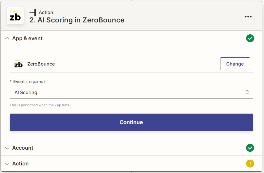 Captura de pantalla de un evento de calificación por inteligencia artificial de ZeroBounce de Zapier